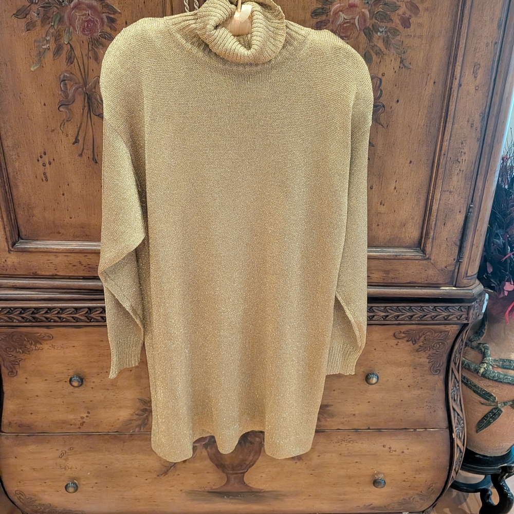 Elegant Gold Metallic Turtleneck Dress
